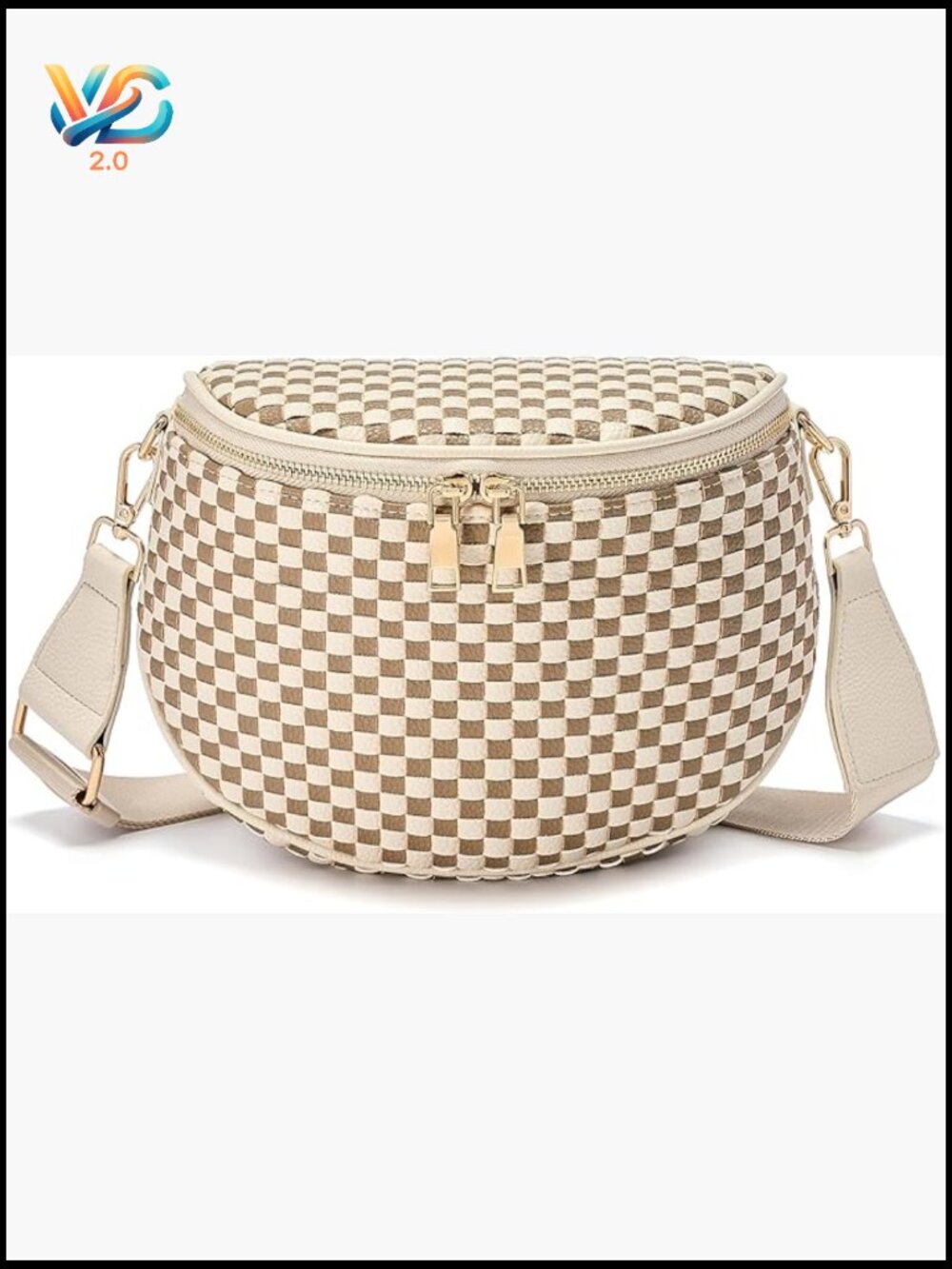 Cream & Tan Checkered Crossbody Bag with Adjustable Strap
